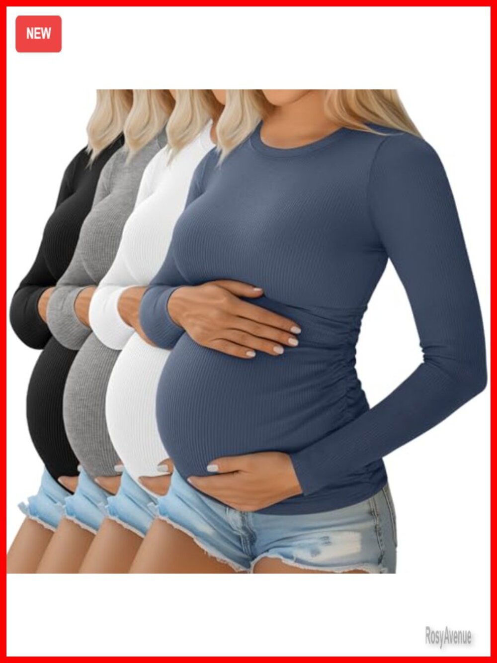 4 Pack Maternity Long Sleeve Ribbed Knit Cotton T-Shirts Crew Neck Pregnancy